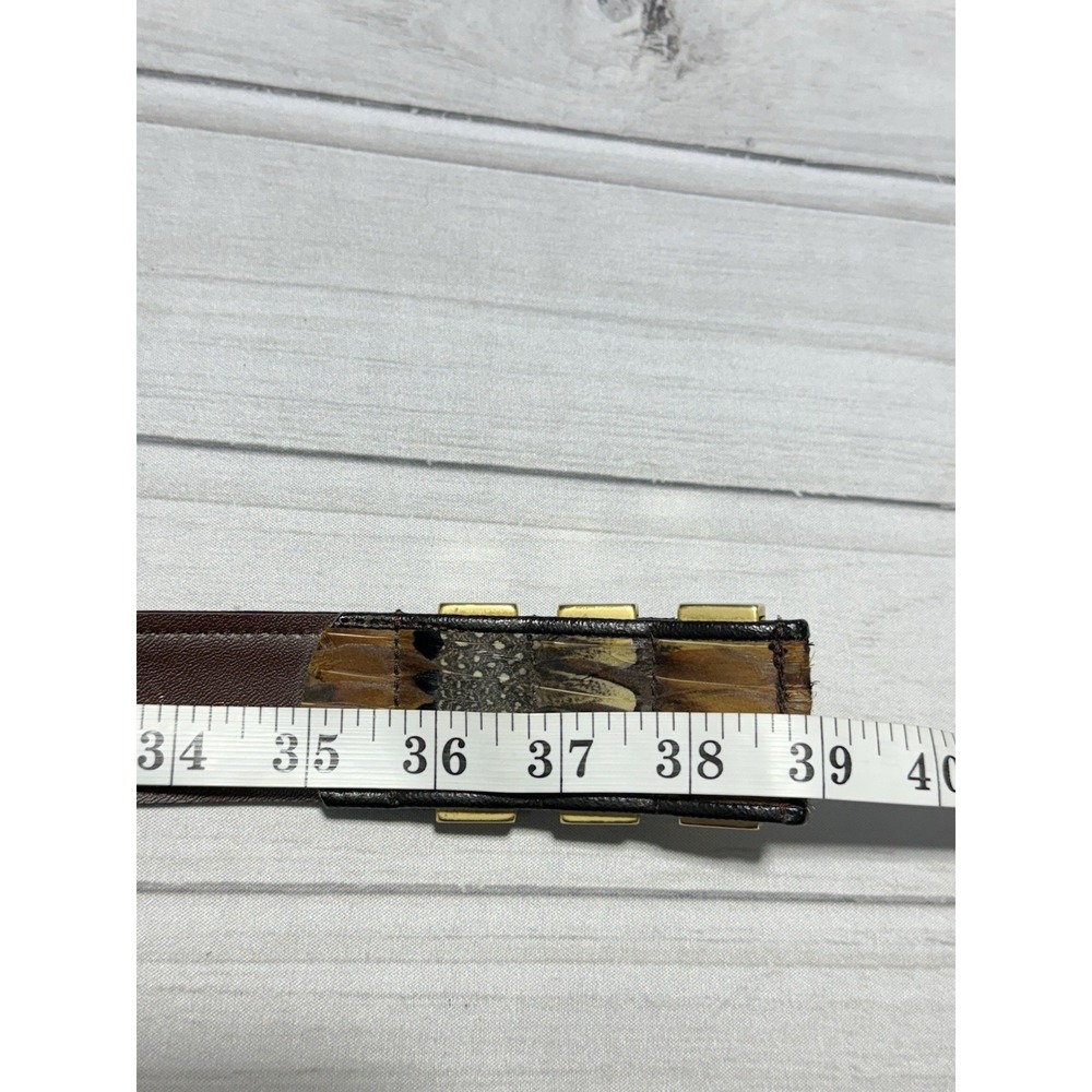 Vintage Peacock Feather Inlay Belt Leather Hippie Boho Gold Tone Slide Buckle - Picture 9 of 10